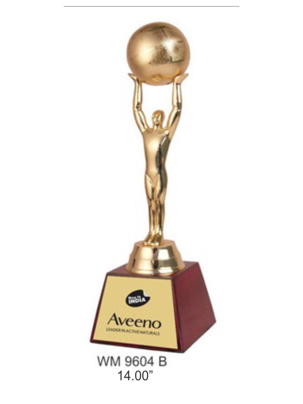 WM Customized Metal Globe Holding Trophy with Wooden Base creative awards and gifts @ creativeawardsandgifts.in